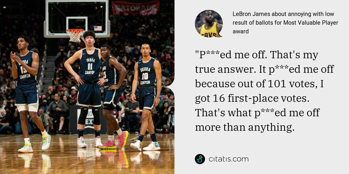 LeBron James: "P***ed me off. That's my true answer. It p***ed me off because out of 101 votes, I got 16 first-place votes. That's what p***ed me off more than anything.