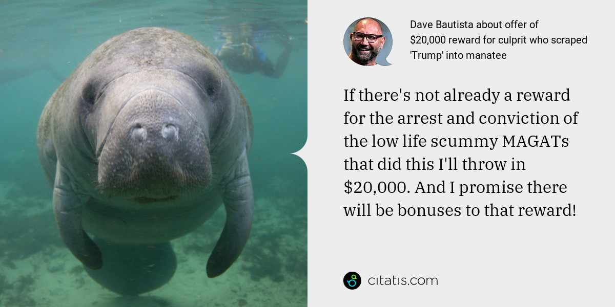 Dave Bautista: If there's not already a reward for the arrest and conviction of the low life scummy MAGATs that did this I'll throw in $20,000. And I promise there will be bonuses to that reward!