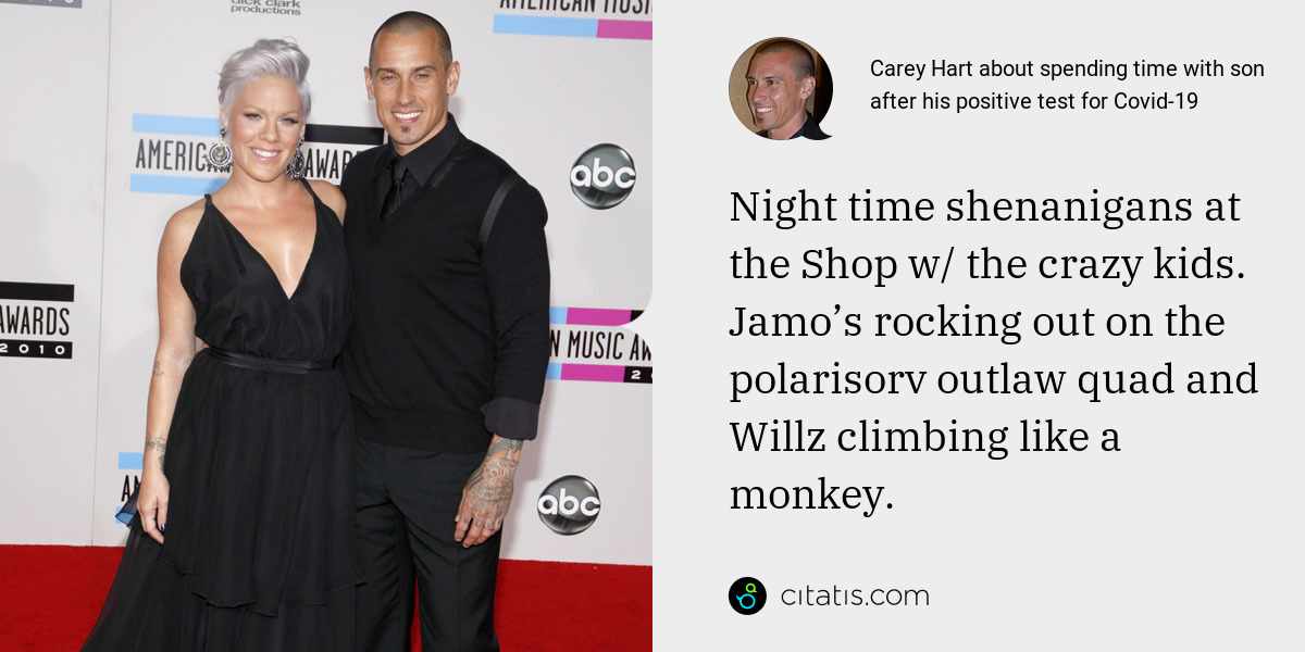 Carey Hart: Night time shenanigans at the Shop w/ the crazy kids. Jamo’s rocking out on the polarisorv outlaw quad and Willz climbing like a monkey.