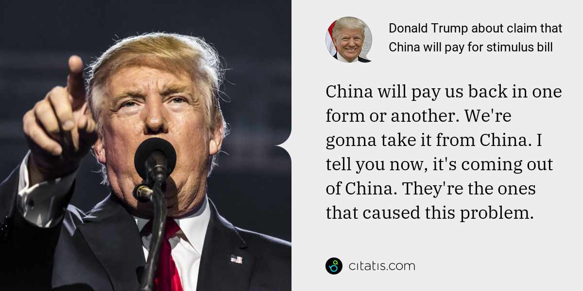 Donald Trump: China will pay us back in one form or another. We're gonna take it from China. I tell you now, it's coming out of China. They're the ones that caused this problem.