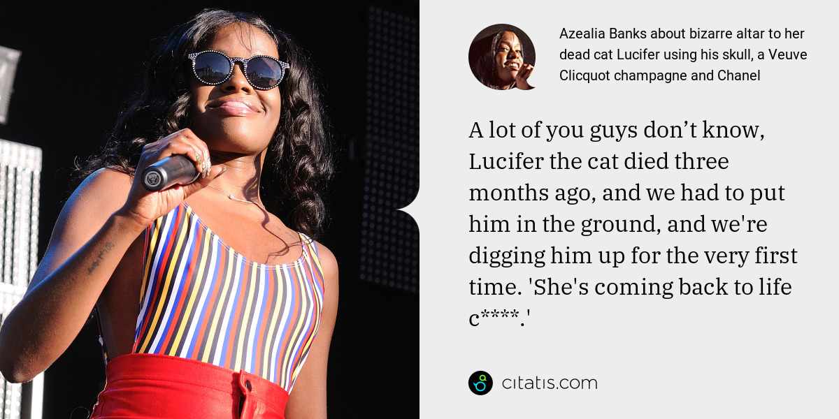 Azealia Banks: A lot of you guys don’t know, Lucifer the cat died three months ago, and we had to put him in the ground, and we're digging him up for the very first time. 'She's coming back to life c****.'