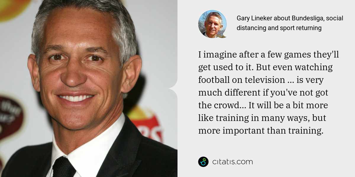 Gary Lineker: I imagine after a few games they'll get used to it. But even watching football on television ... is very much different if you've not got the crowd... It will be a bit more like training in many ways, but more important than training.