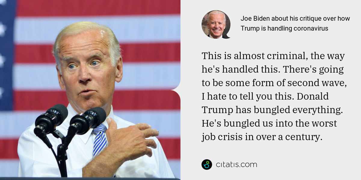 Joe Biden: This is almost criminal, the way he's handled this. There's going to be some form of second wave, I hate to tell you this. Donald Trump has bungled everything. He's bungled us into the worst job crisis in over a century.