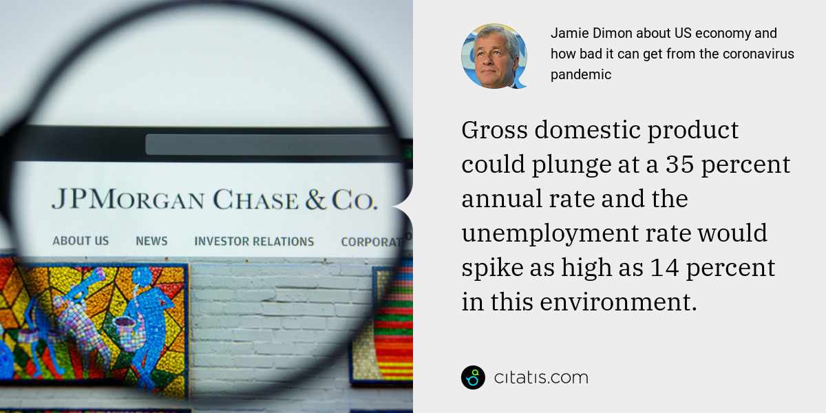 Jamie Dimon: Gross domestic product could plunge at a 35 percent annual rate and the unemployment rate would spike as high as 14 percent in this environment.