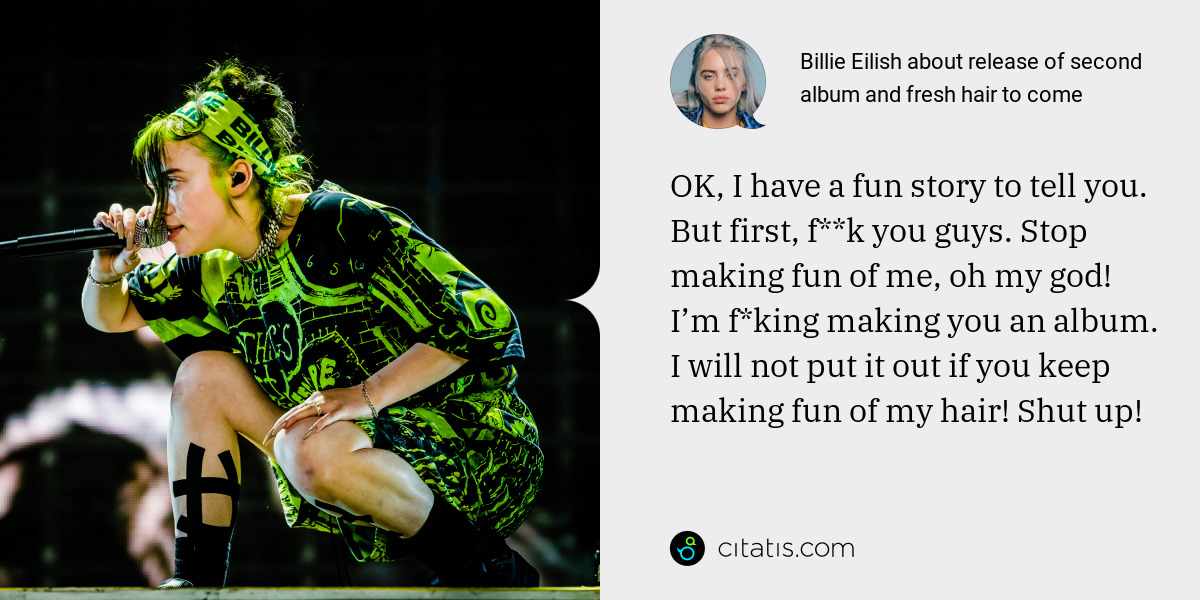 Billie Eilish: OK, I have a fun story to tell you. But first, f**k you guys. Stop making fun of me, oh my god! I’m f*king making you an album. I will not put it out if you keep making fun of my hair! Shut up!