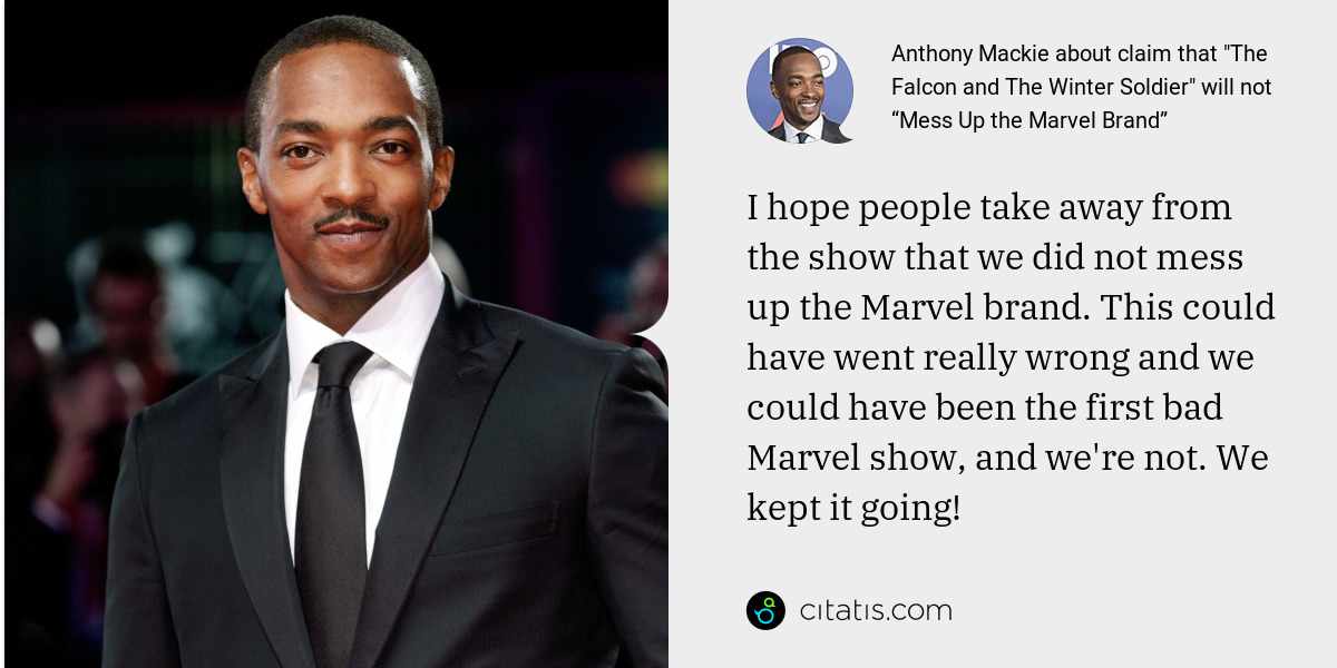 Anthony Mackie: I hope people take away from the show that we did not mess up the Marvel brand. This could have went really wrong and we could have been the first bad Marvel show, and we're not. We kept it going!