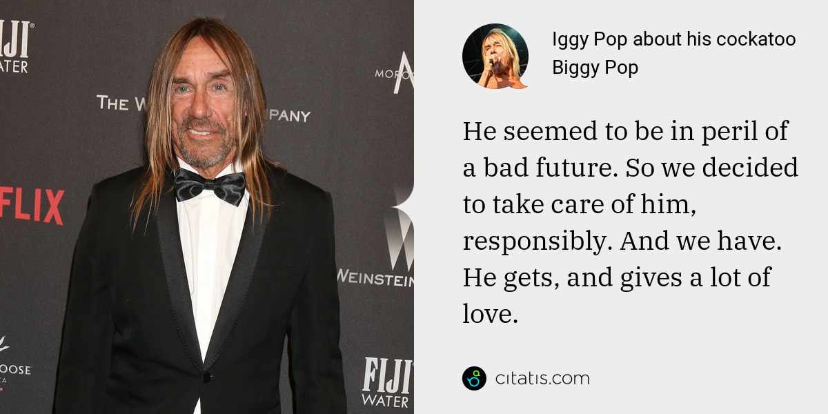 Iggy Pop: He seemed to be in peril of a bad future. So we decided to take care of him, responsibly. And we have. He gets, and gives a lot of love.