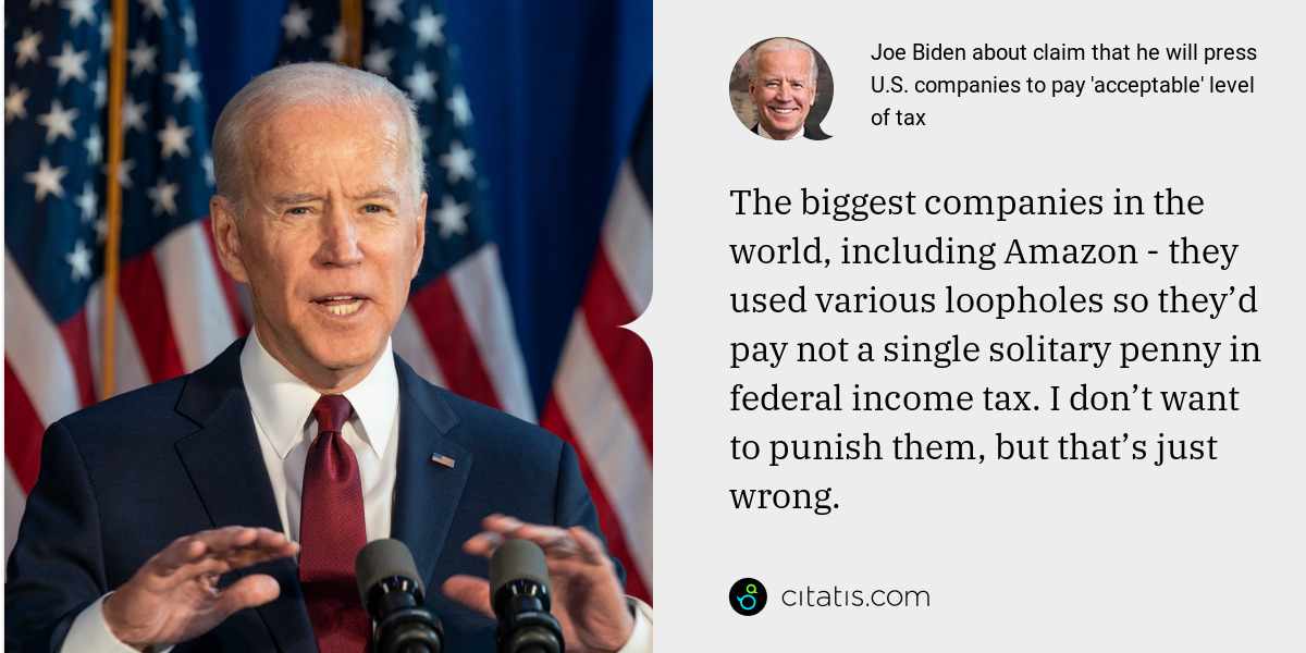 Joe Biden: The biggest companies in the world, including Amazon - they used various loopholes so they’d pay not a single solitary penny in federal income tax. I don’t want to punish them, but that’s just wrong.