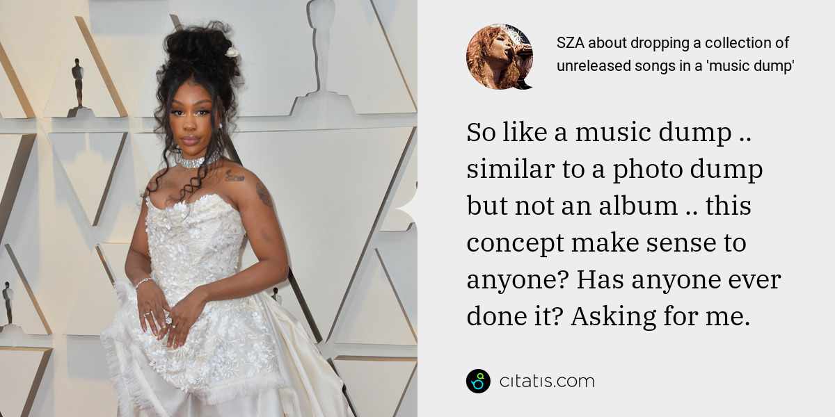 SZA: So like a music dump .. similar to a photo dump but not an album .. this concept make sense to anyone? Has anyone ever done it? Asking for me.