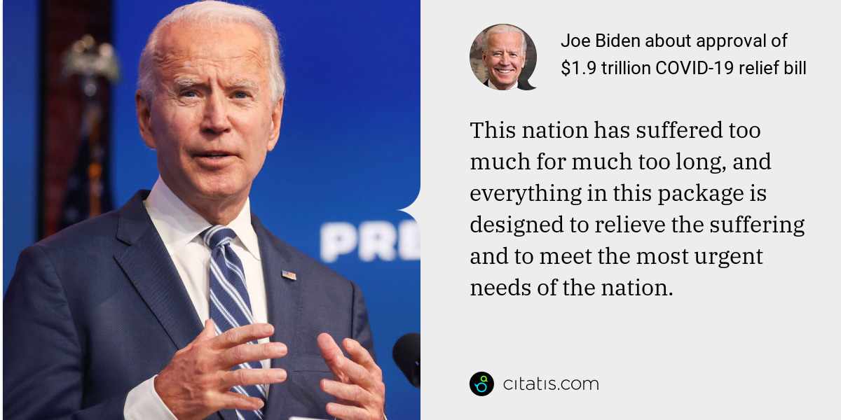 Joe Biden: This nation has suffered too much for much too long, and everything in this package is designed to relieve the suffering and to meet the most urgent needs of the nation.