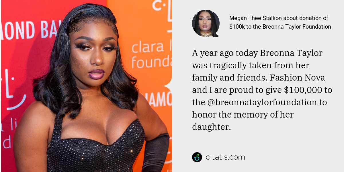 Megan Thee Stallion: A year ago today Breonna Taylor was tragically taken from her family and friends. Fashion Nova and I are proud to give $100,000 to the @breonnataylorfoundation to honor the memory of her daughter.