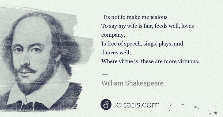 William Shakespeare: 'Tis not to make me jealous
To say my wife is fair, feeds ... | Citatis